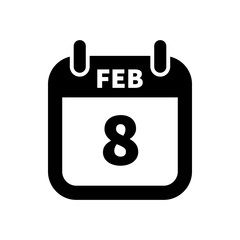 Simple black calendar icon with 8 february date isolated on white