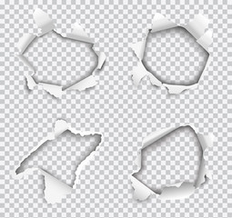 Set of vector realistic holes torn in white paper isolated on transparent background