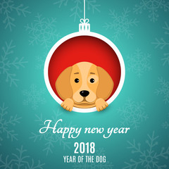 2018 year of the dog. Paper clippings. Advertising banner. Christmas ball of paper. A cartoon dog peeks out of the hole. White text. Snowflakes on a blue background. Vector