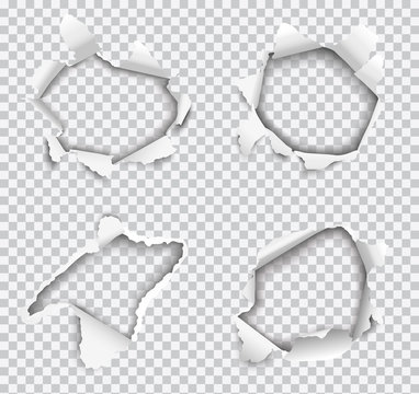 Set of vector realistic holes torn in white paper isolated on transparent background