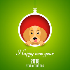 2018 year of the dog. Paper clippings. Advertising banner. Christmas ball of paper. Cartoon dog peeks out of the hole. White text. Snowflakes on a red background. Vector