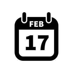 Simple black calendar icon with 17 february date isolated on white