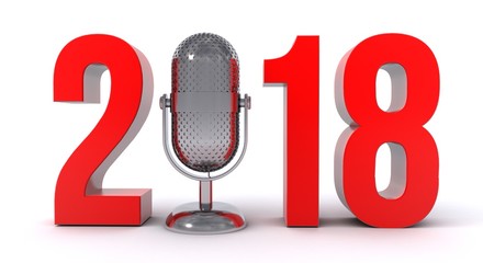 3D illustration of 2018 text with Microphone