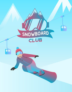 Snowboard club illustration with a male character. Man is moving over a snow and standing on a board.