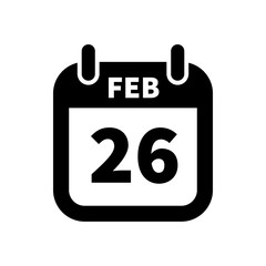 Simple black calendar icon with 26 february date isolated on white