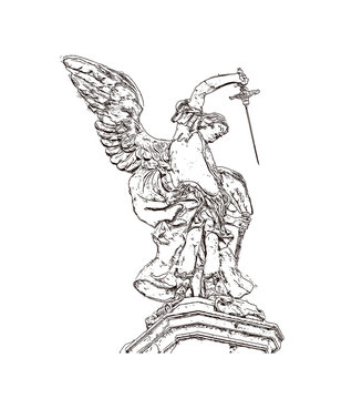 Hand drawn sketch of Detail of the Saint Michael statue on the top of Castel Sant`Angelo in Rome in vector illustration.