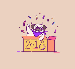 Pug dog in a box celebrating new 2018 year flat vector illustration
