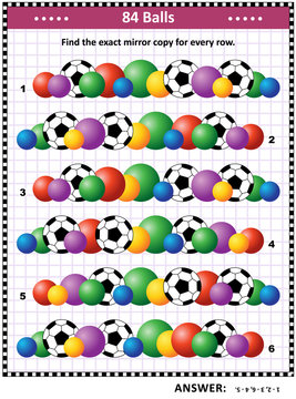 Soccer or football themed IQ training picture puzzle: Match the pairs - find the exact mirror copy for every row of balls. Answer included.
