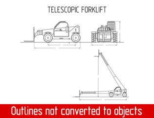 typical Telescopic handler with fork industrial crane overall dimensions outline blueprint template