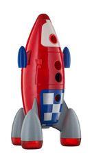Red blue and white toy plastic childs rocket isolated on white