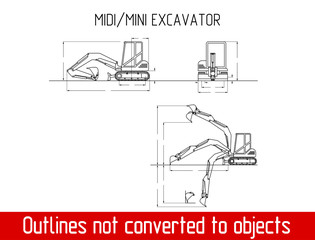 typical mini excavator overall dimensions outline blueprint template - 178233078