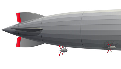 Legendary huge zeppelin airship filled with hydrogen. Stylized flying balloon. Big dirigible with propellers and rudder. Long zeppelin, white background, rigid airship. Isolated vector illustration. © weenee