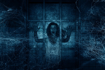 3d illustration of Scary ghost woman in haunted house,Horror background,mixed media - obrazy, fototapety, plakaty