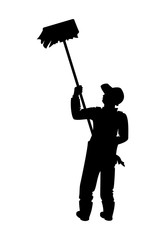Painter With A Brush. Vector Illustration Of A Worker Silhouette Painting A Wall With His Brush.