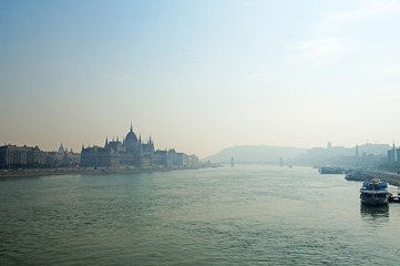 Naklejka premium Panorama of Budapest. View of the building of the Parliament of Hungary. The Danube River.
