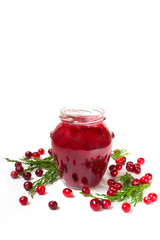 Jam from berries of cranberries in a glass jar close-up with copy space on white background with spruce branches and cones isolate