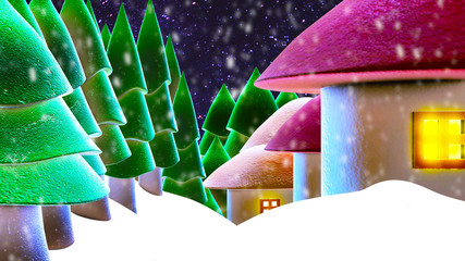 Snow town 3D illustration night