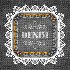 Square patch with lace border on denim background. Vector Illustration