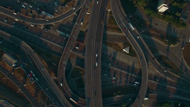 Overhead aerial view of highway.Road interchange.Drone footage