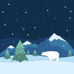 Winter background with trees mountains and polar bear