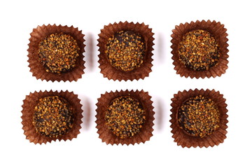 Chocolate dessert with caramel and peanut filling, set, collection isolated on white background, top view