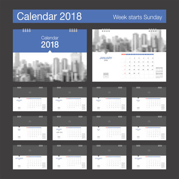 2018 Calendar. Desk Calendar modern design template with place for photo. Week starts Sunday. A5 or A4 paper size.