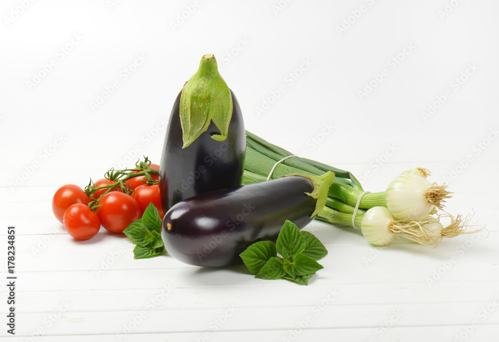 Canvas Prints fresh eggplants, tomatoes and spring onion