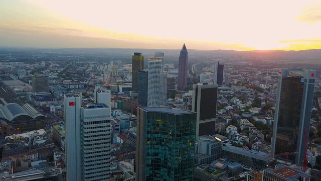 aerial view of business area in Frankfurt city with skyscrapers