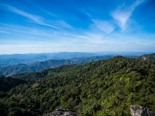 Fototapeta na wymiar Nice landscape of green mountains, trees and the blue sky in Mon Jong, Chiangmai, Thailand.