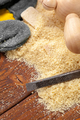 blade of sharp chisels with sawdust