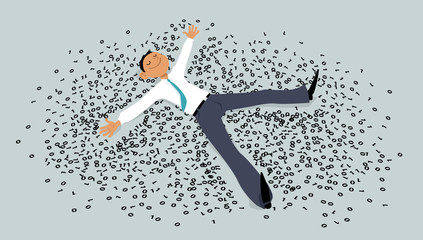 Man making a snow angel in a pile of computer code, EPS 8 vector illustration