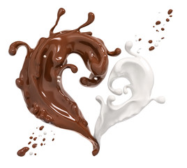 Splash chocolate and milk, chocolate heart 3d rendering