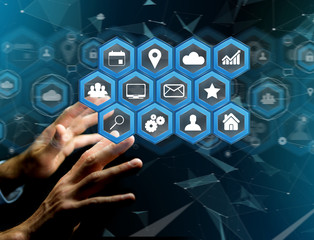 Application center displayed on a futuristic interface with technology icon - Worldwide business concept