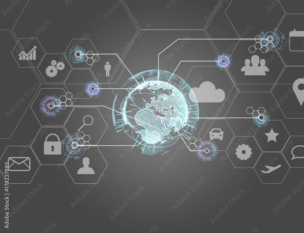 Aufkleber international business network connection displayed on a futuristic interface with technology icon a