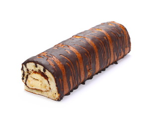 Chocolate bread, cake with flakes isolated on white background