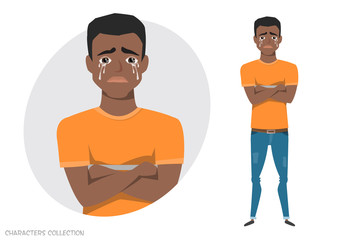 The black african american guy crossed his arms and cries.