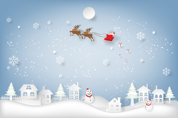 Santa Claus on Sleigh and Reindeer over Snowman on snowflakes and merry christmas in the winter background as holiday and x'mas day concept. vector illustration.