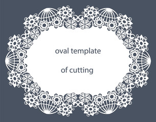 Greeting card of the oval shape with a decorative border on the edge, doily of paper under the cake, template for cutting, wedding invitation, decorative plate is laser cut, vector illustrations.