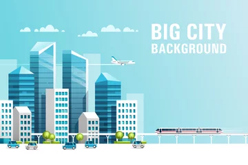 Wall murals Light blue Big city. Urban landscape with buildings, skyscrapers and municipal transport. Real estate and construction industry concept. Vector illustration.