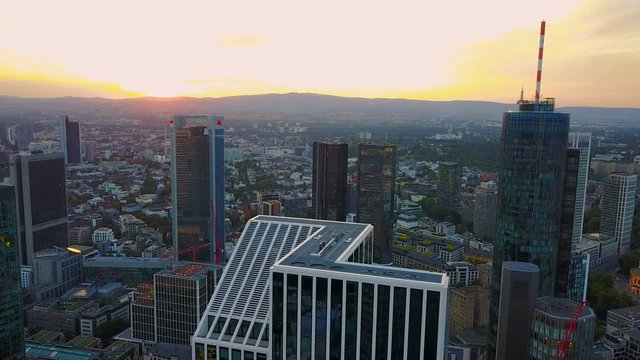aerial view of business area in Frankfurt city with skyscrapers