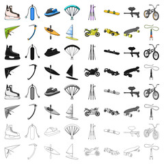 Motorcycle racing, downhill skiing, jumping, parachuting and other sports. Extreme sports set collection icons in cartoon style vector symbol stock illustration web.