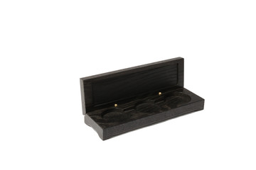 Box of oak for coins on a white background