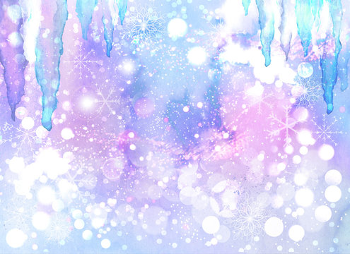watercolor winter abstract background with icicles and snowflakes