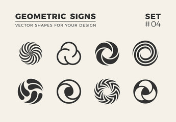 Set of eight minimalistic shapes. Stylish vector logo emblems for Your design. Simple creative geometric signs collection.