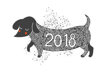 Vector monochrome illustration. Dog dachshund 2018. Christmas card and elements. Happy new year