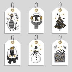 Christmas tags with cute animals and christmas tree. Snowman ,bear and penguin with fox. - 178244033