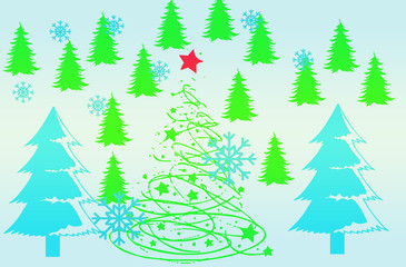 Christmas tree with a red star in a snowy forest