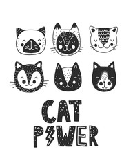 Poster with cats and lettering. Cat power. Hand drawn vector illustration.