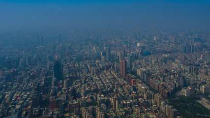 The city view of Taipei, the capital city of Taiwan. The location of the view point is from the highest skyscraper or the best landmark in Taiwan named Taipei 101