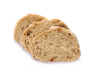 Whole wheat bread slices without additives, isolated on white background